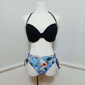 Cupshe Womens XL Bikini Set Black Halter Top Floral Lace Up Bottoms NEW
